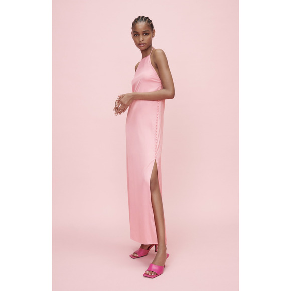 Zara Dresses & Skirts - NWT ZARA Pink Satin Halter Button Slit Dress